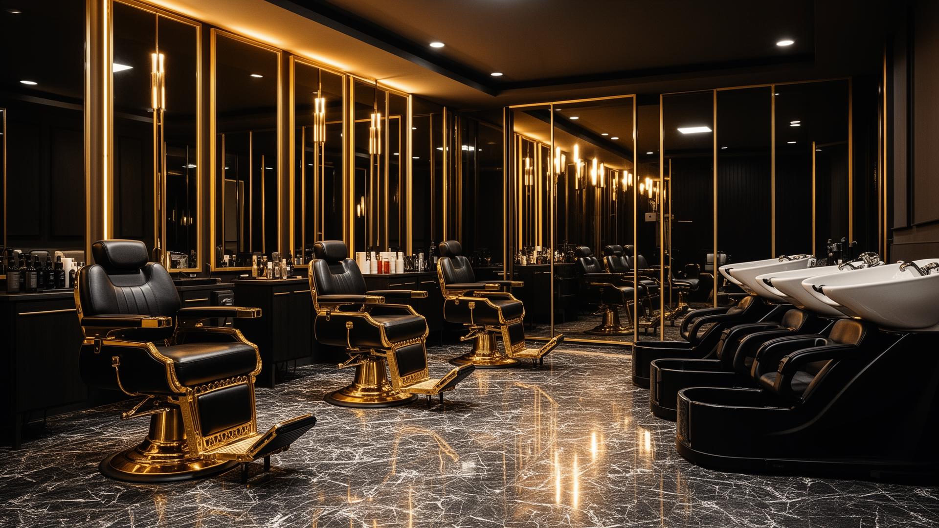 Luxury salon showroom with gold barber chairs and professional washing units